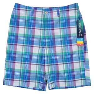 Pro Tour Golf Shorts Mens 30 Blue Plaid Stretch 9 Inseam UPF Preppy Colorful New